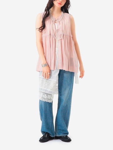 BEAMS BOY Camicia senza maniche rosa in sheer di cotone con lacci e pieghe Rosa