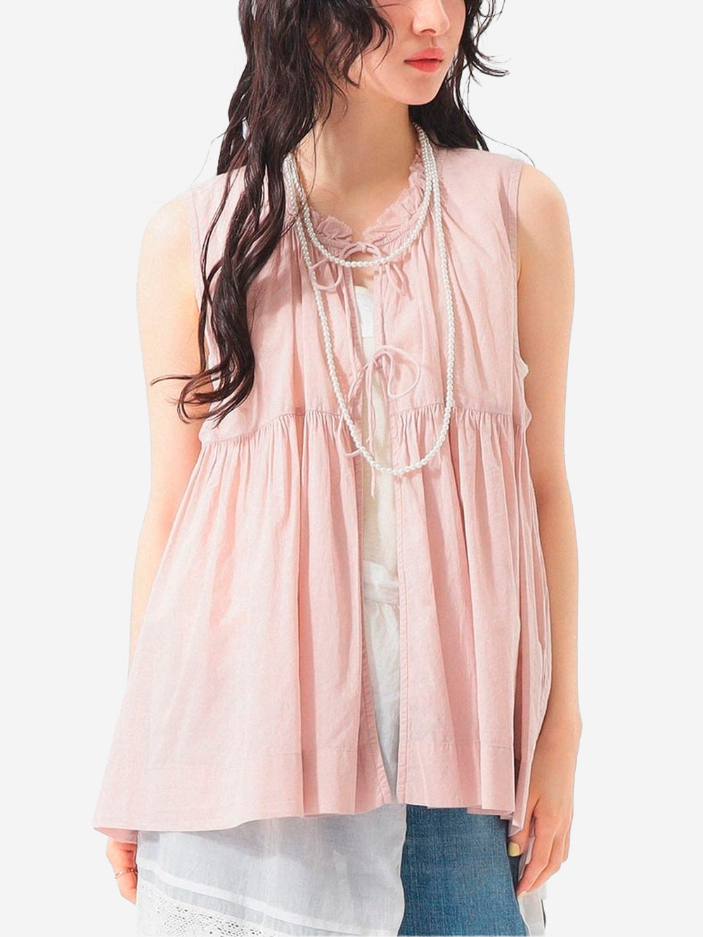 BEAMS BOY Camicia senza maniche rosa in sheer di cotone con lacci e pieghe Rosa Urbanstaroma