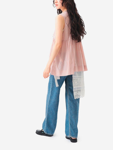 BEAMS BOY Camicia senza maniche rosa in sheer di cotone con lacci e pieghe Rosa