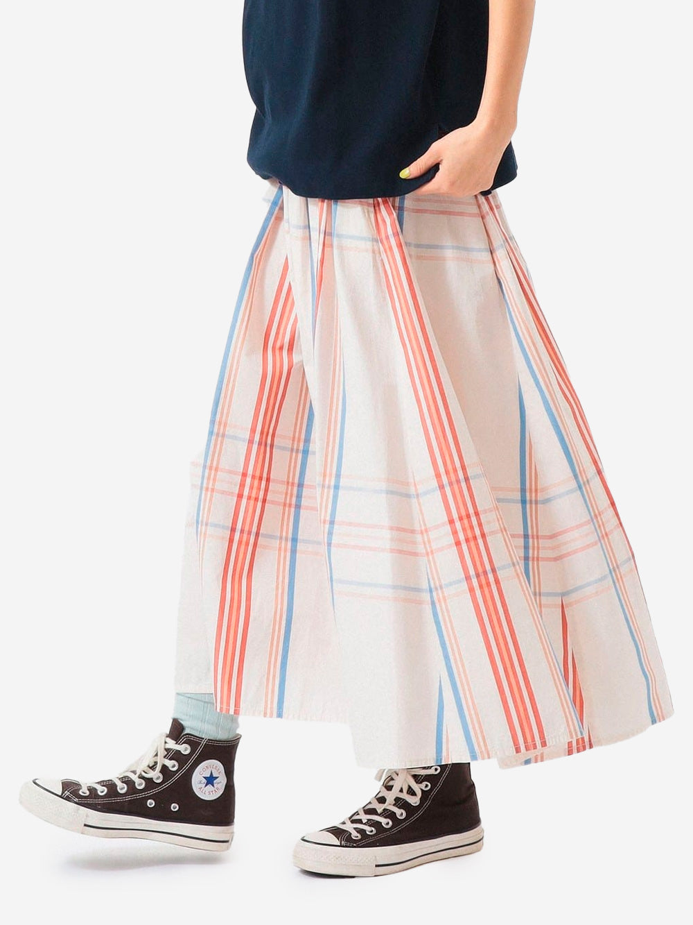 BEAMS BOY Gonna lunga avorio con pieghe e motivo big tartan avorio Urbanstaroma