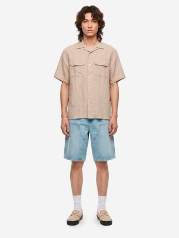 BEAMS PLUS Camicia beige a manica corta con colletto aperto in lino Beige