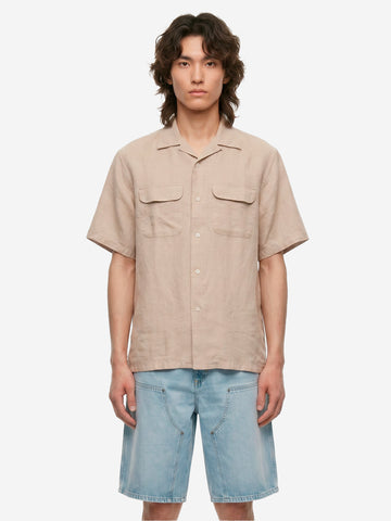 BEAMS PLUS Camicia beige a manica corta con colletto aperto in lino Beige