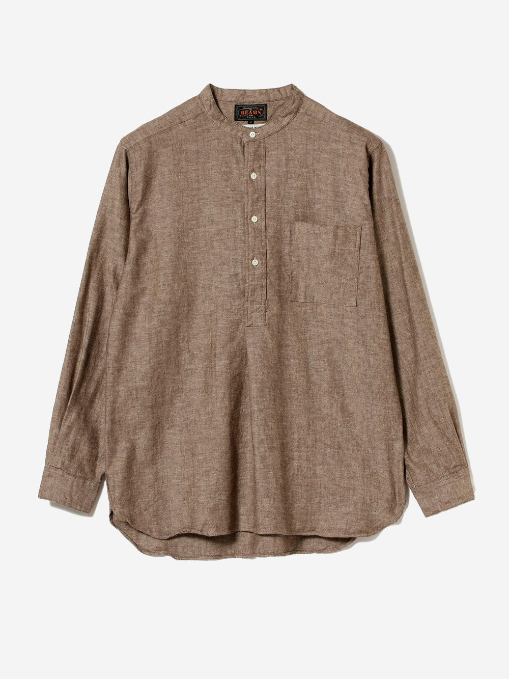 BEAMS PLUS Camicia pullover marrone in misto lino con trama a spina di pesce e collo alla coreana Marrone Urbanstaroma