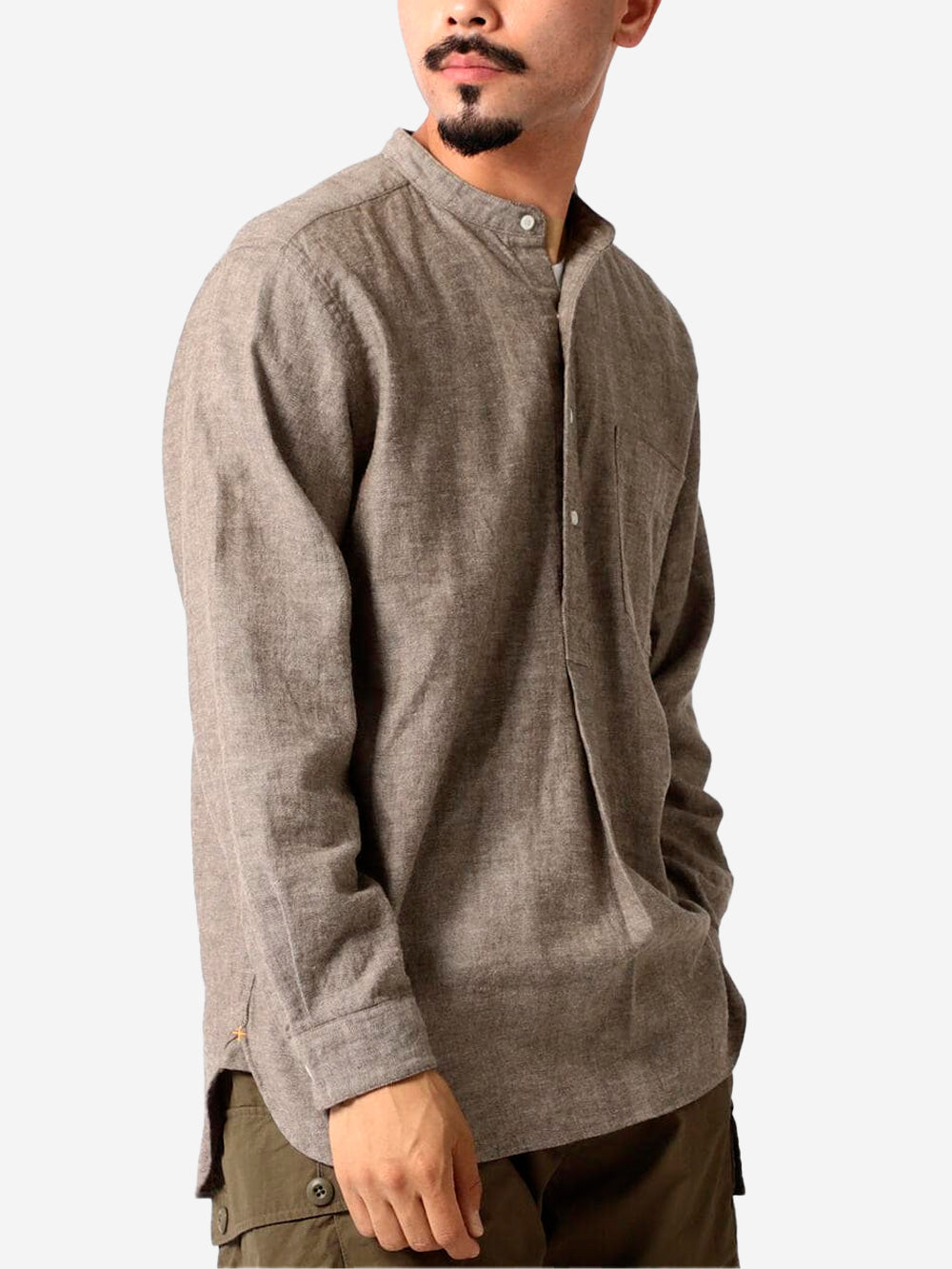 BEAMS PLUS Camicia pullover marrone in misto lino con trama a spina di pesce e collo alla coreana Marrone Urbanstaroma