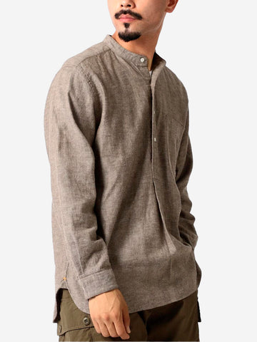 BEAMS PLUS Camicia pullover marrone in misto lino con trama a spina di pesce e collo alla coreana Marrone