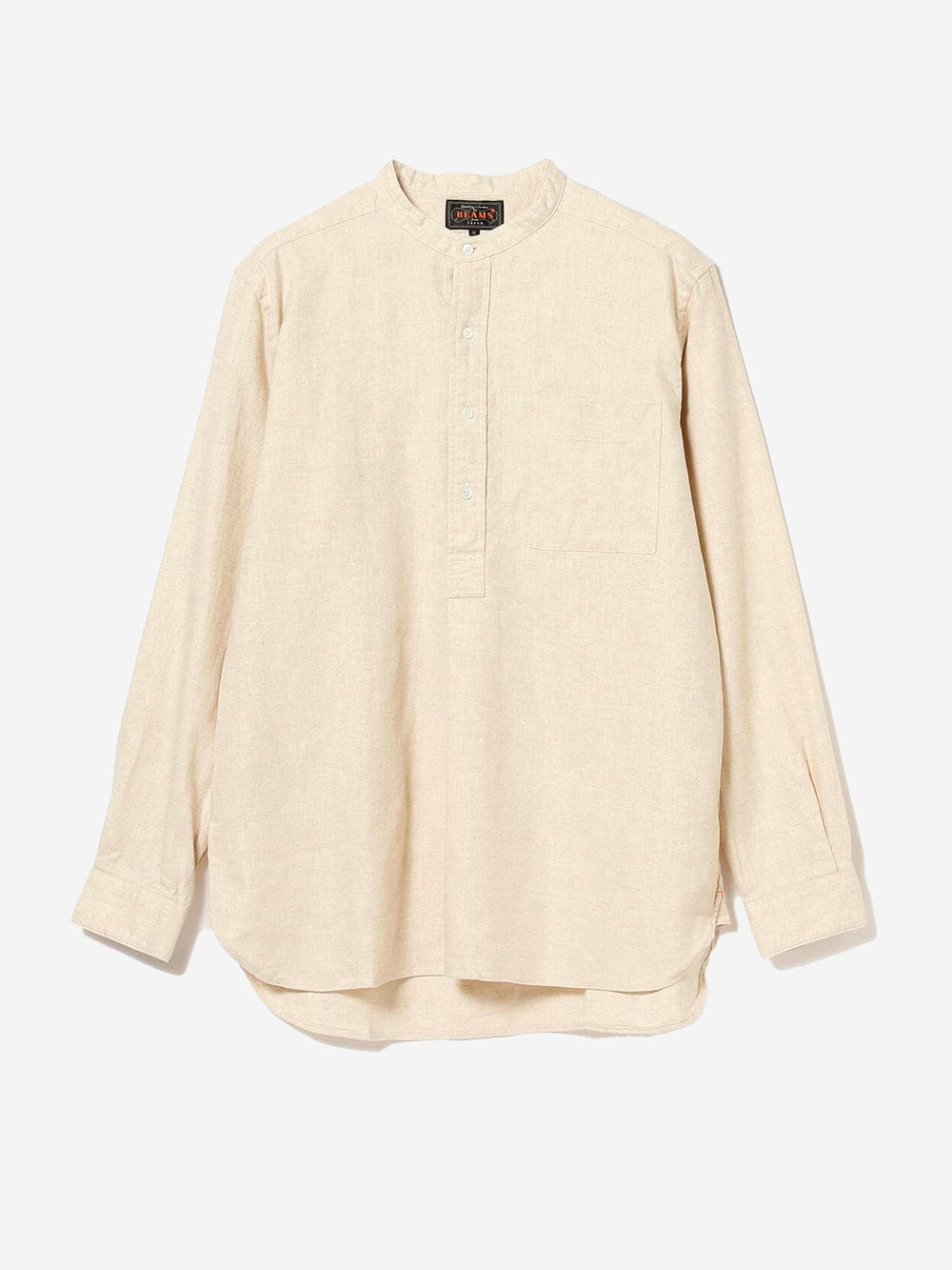 BEAMS PLUS Camicia pullover beige in misto lino con trama a spina di pesce e collo alla coreana Beige Urbanstaroma