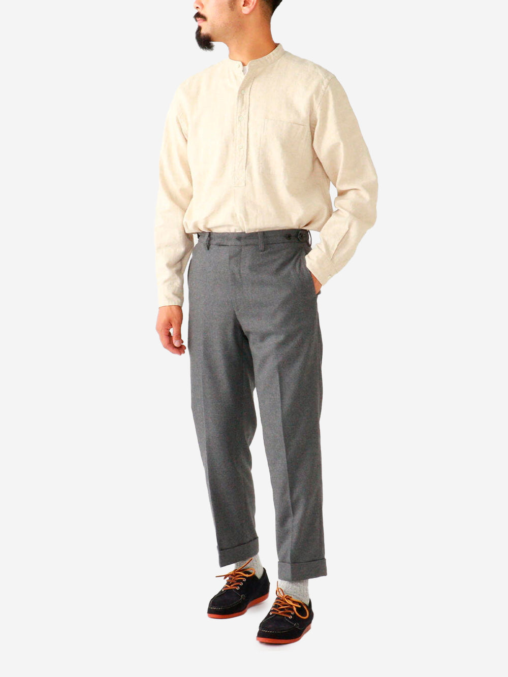 BEAMS PLUS Camicia pullover beige in misto lino con trama a spina di pesce e collo alla coreana Beige Urbanstaroma