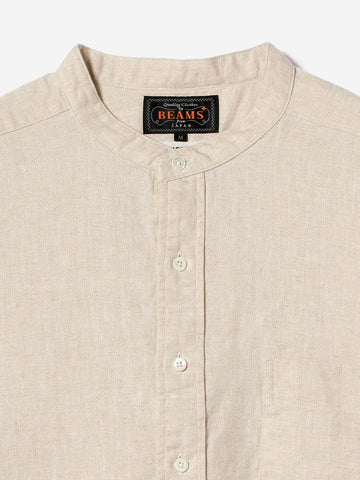 BEAMS PLUS Camicia pullover beige in misto lino con trama a spina di pesce e collo alla coreana Beige