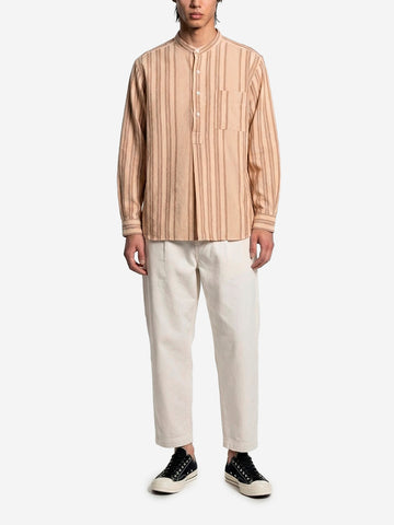 BEAMS PLUS Camicia a righe con collo alla coreana in cotone Oxford indiano Beige