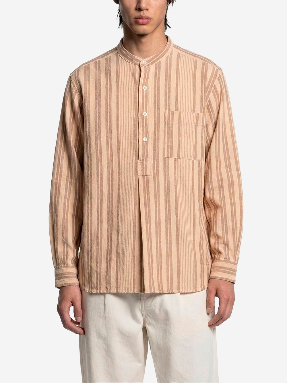 BEAMS PLUS Camicia a righe con collo alla coreana in cotone Oxford indiano Beige Urbanstaroma