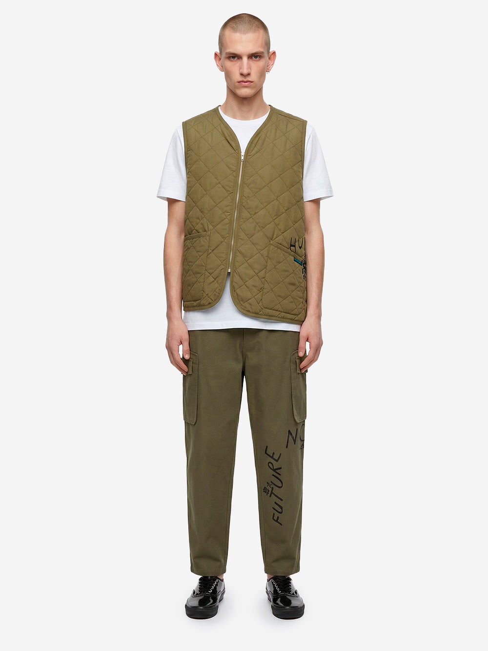 COMME DES GARCONS SHIRT Gilet khaki asimmetrico con trapuntatura a diamante x Lavenham Verde Urbanstaroma