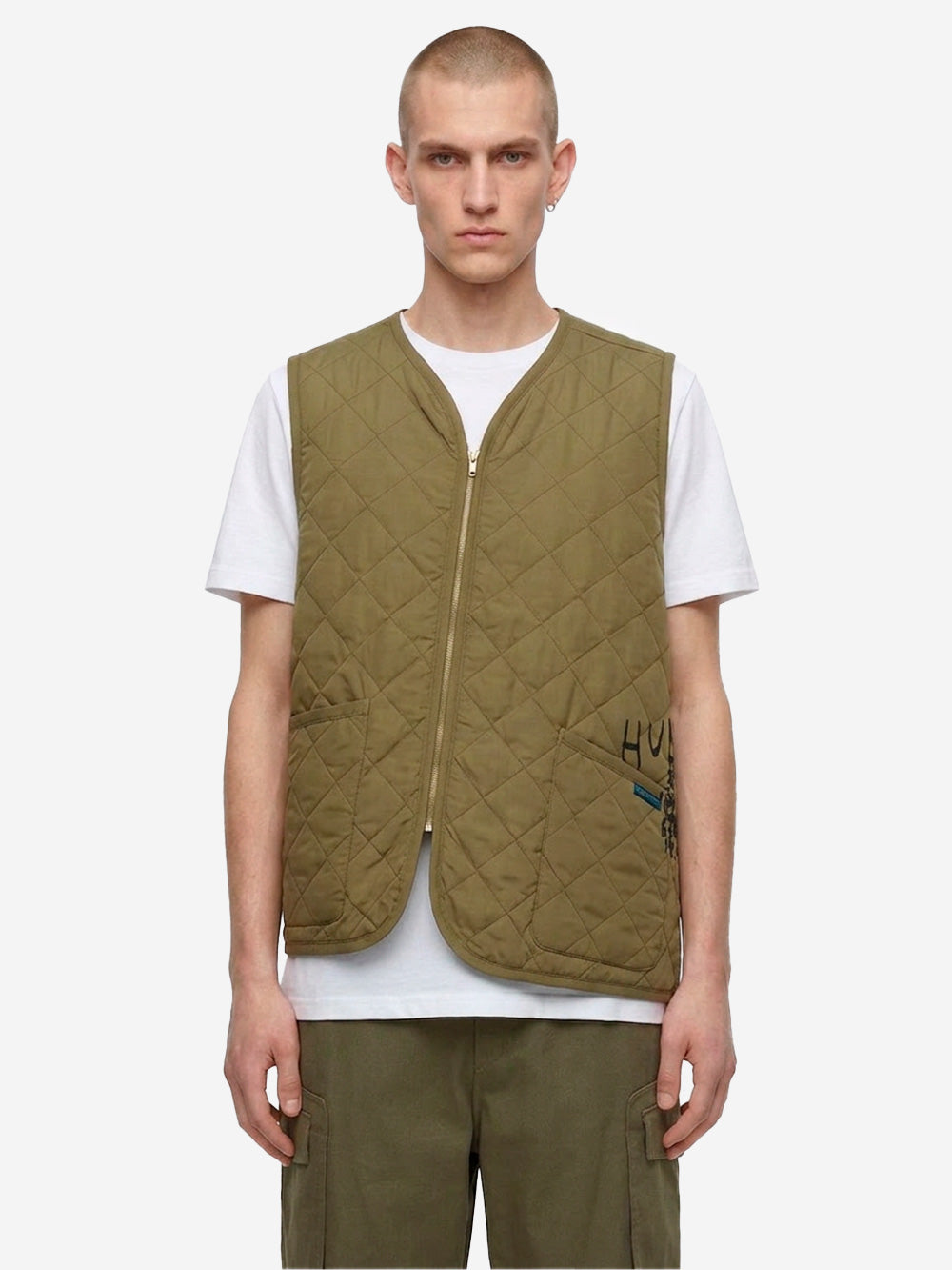 COMME DES GARCONS SHIRT Gilet khaki asimmetrico con trapuntatura a diamante x Lavenham Verde Urbanstaroma