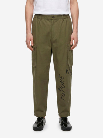 COMME DES GARCONS SHIRT Pantaloni cargo khaki con grafica 'Now Future' Verde