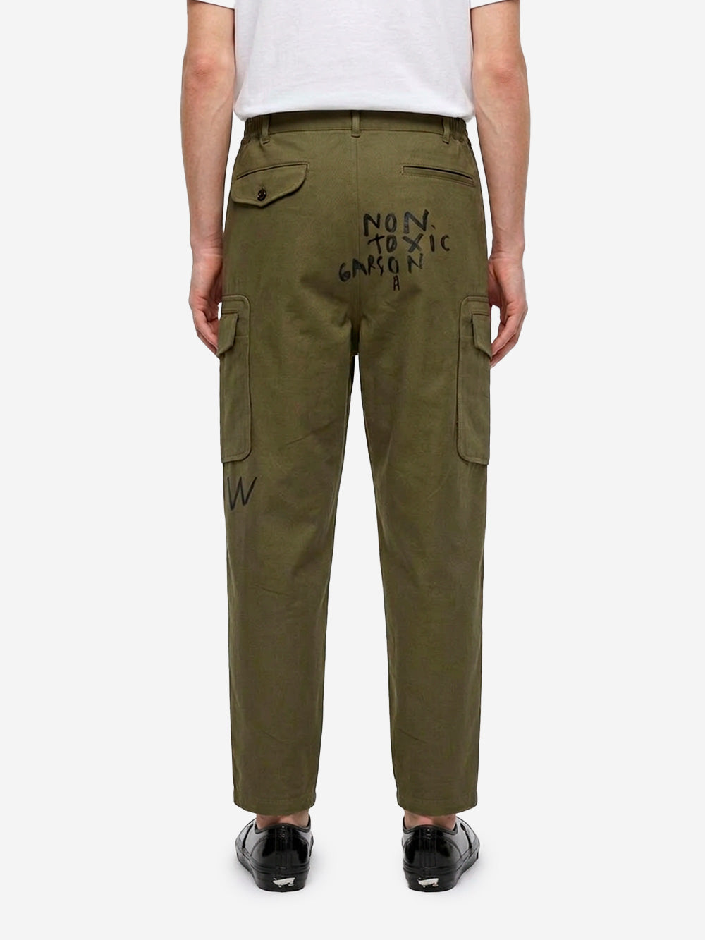 COMME DES GARCONS SHIRT Pantaloni cargo khaki con grafica 'Now Future' Verde Urbanstaroma