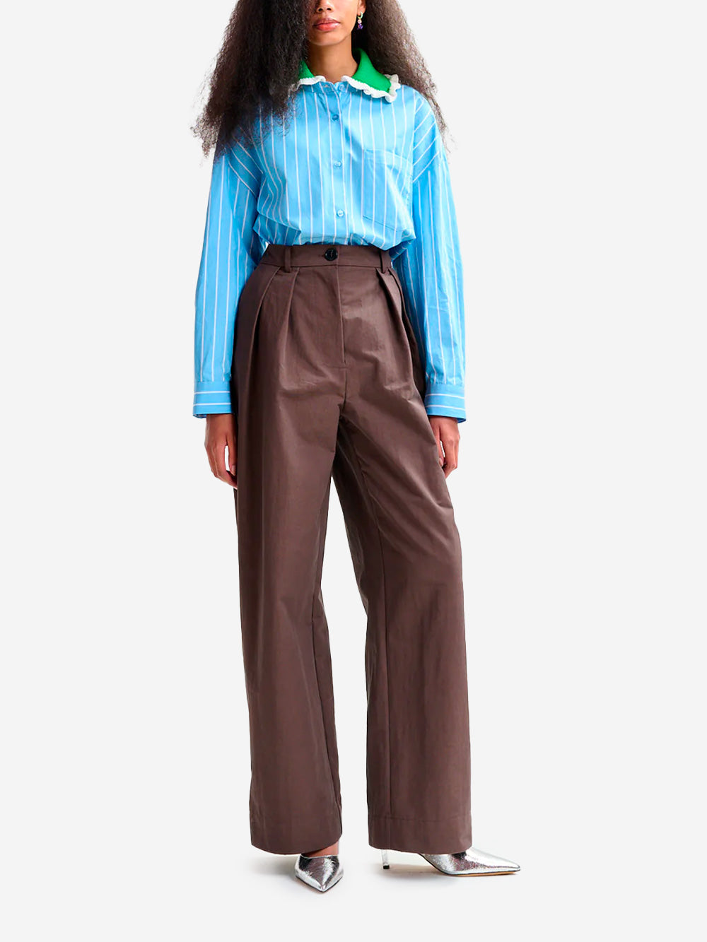 ESSENTIEL ANTWERP Pantaloni marroni a gamba larga in misto cotone con pieghe in vita Cioccolato Urbanstaroma