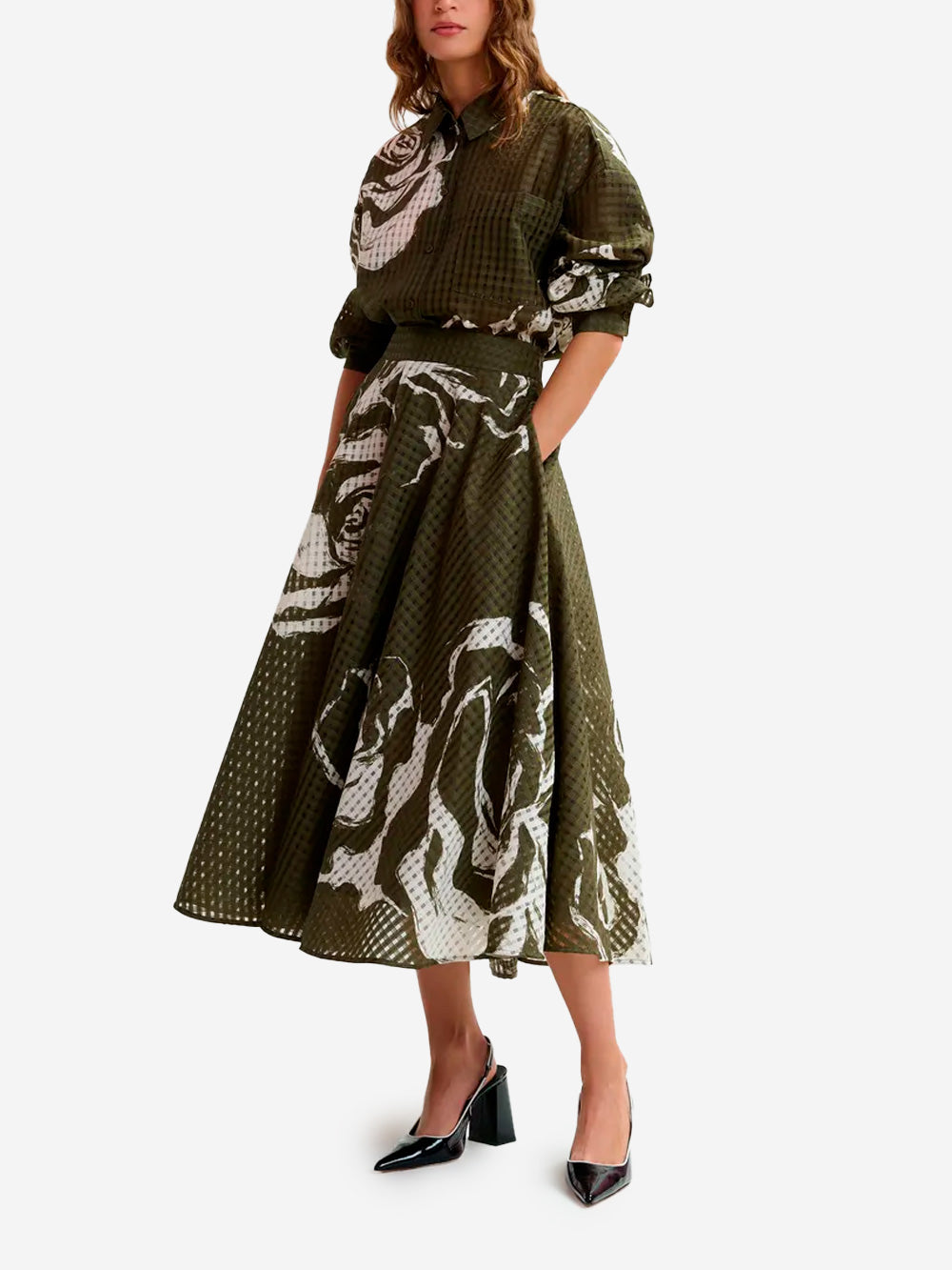 ESSENTIEL ANTWERP Gonna midi plissettata cachi e avorio con fiori Verde beige Urbanstaroma