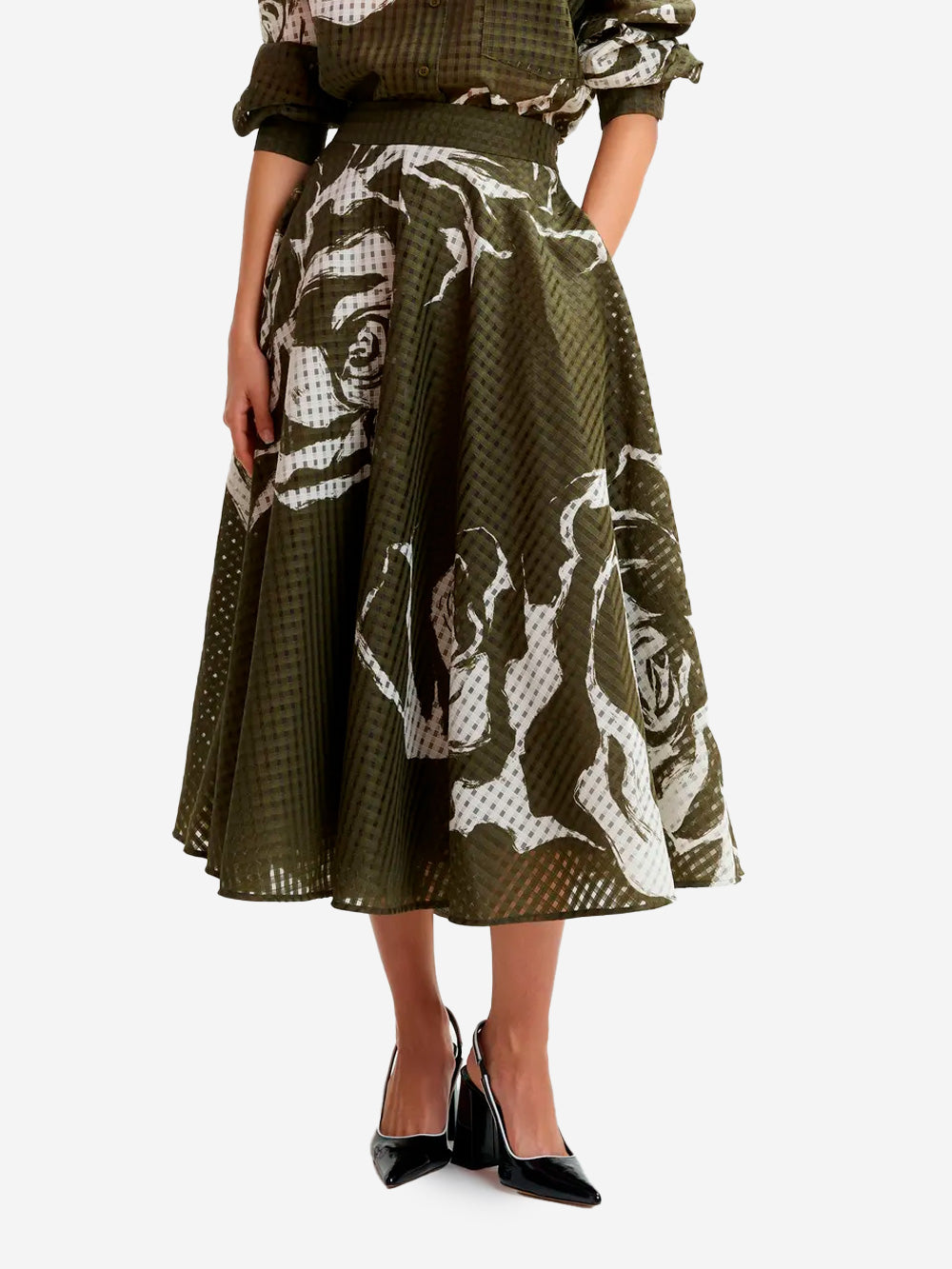 ESSENTIEL ANTWERP Gonna midi plissettata cachi e avorio con fiori Verde beige Urbanstaroma