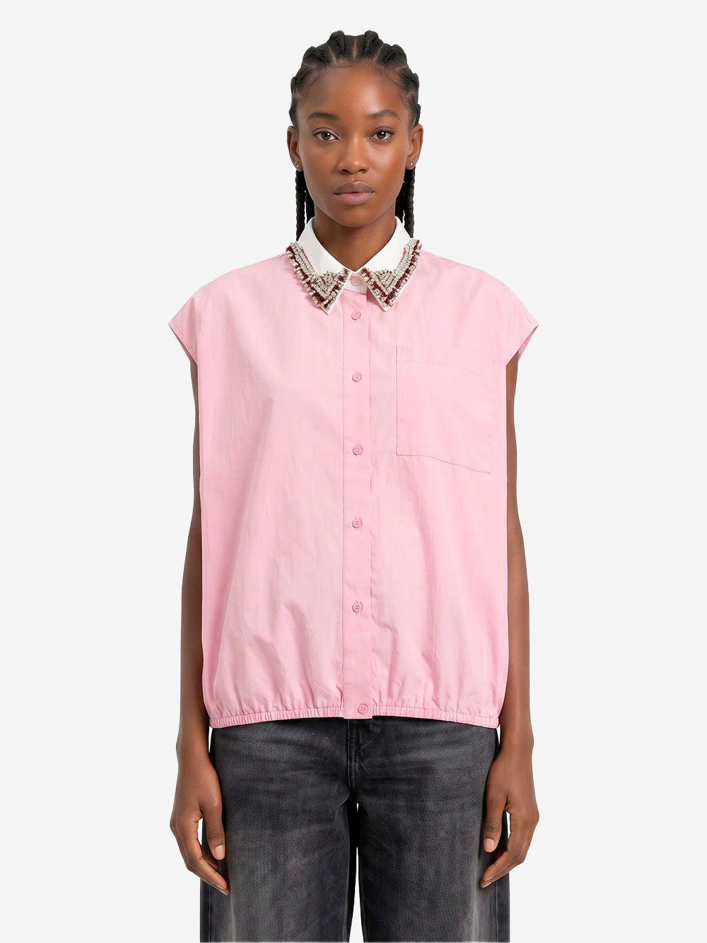 ESSENTIEL ANTWERP Camicia in cotone senza maniche lilla con colletto decorato Viola Urbanstaroma