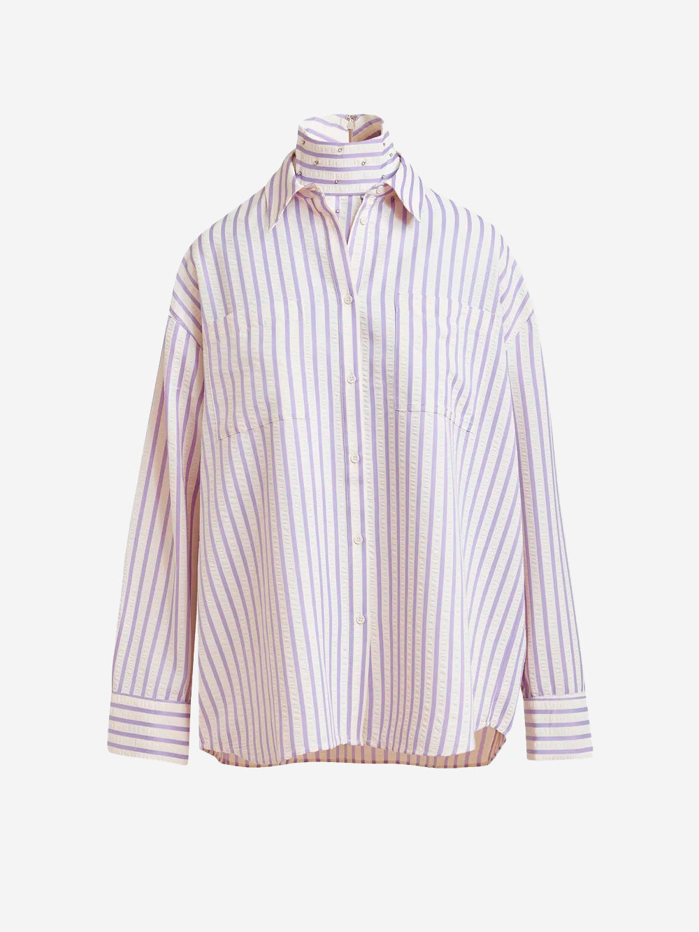 ESSENTIEL ANTWERP Camicia oversize viola e panna con strass e bavero a strati Bianca lilla Urbanstaroma