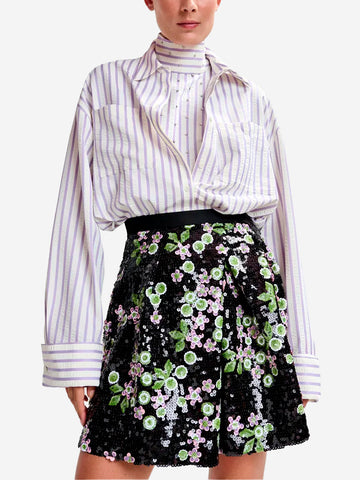 ESSENTIEL ANTWERP Camicia oversize viola e panna con strass e bavero a strati Bianca lilla