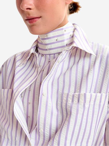 ESSENTIEL ANTWERP Camicia oversize viola e panna con strass e bavero a strati Bianca lilla