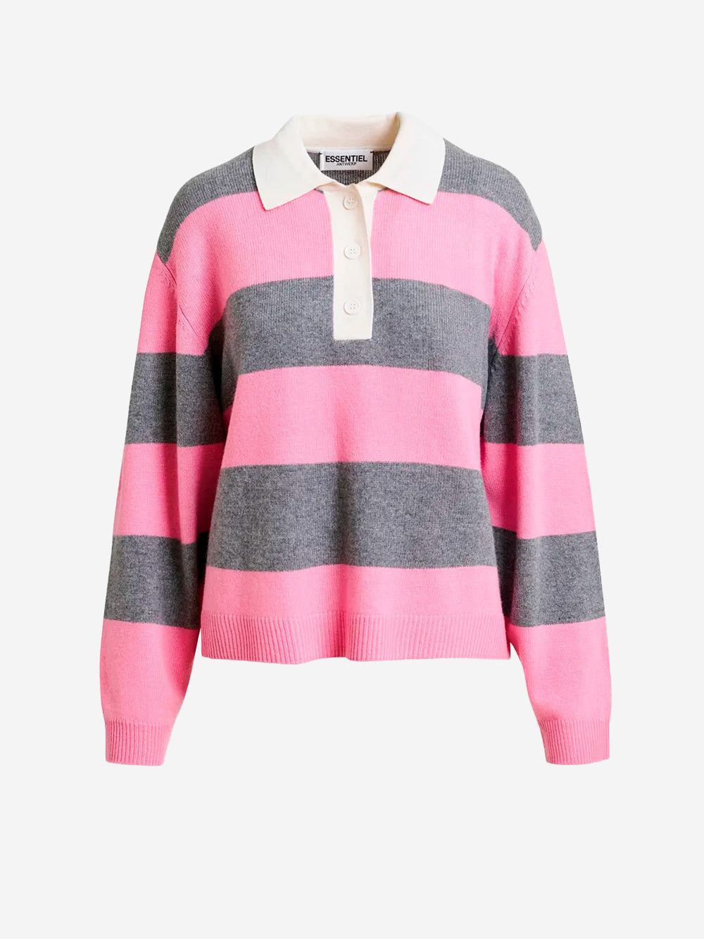 ESSENTIEL ANTWERP Polo in misto lana e cashmere a righe con toppa applicata Rosa Urbanstaroma