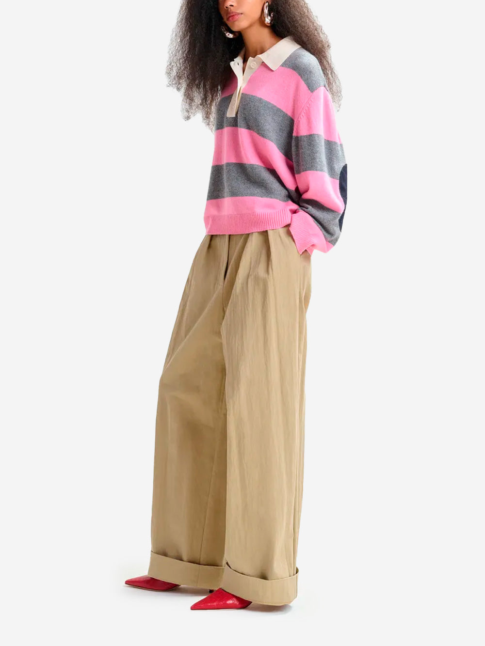 ESSENTIEL ANTWERP Polo in misto lana e cashmere a righe con toppa applicata Rosa Urbanstaroma