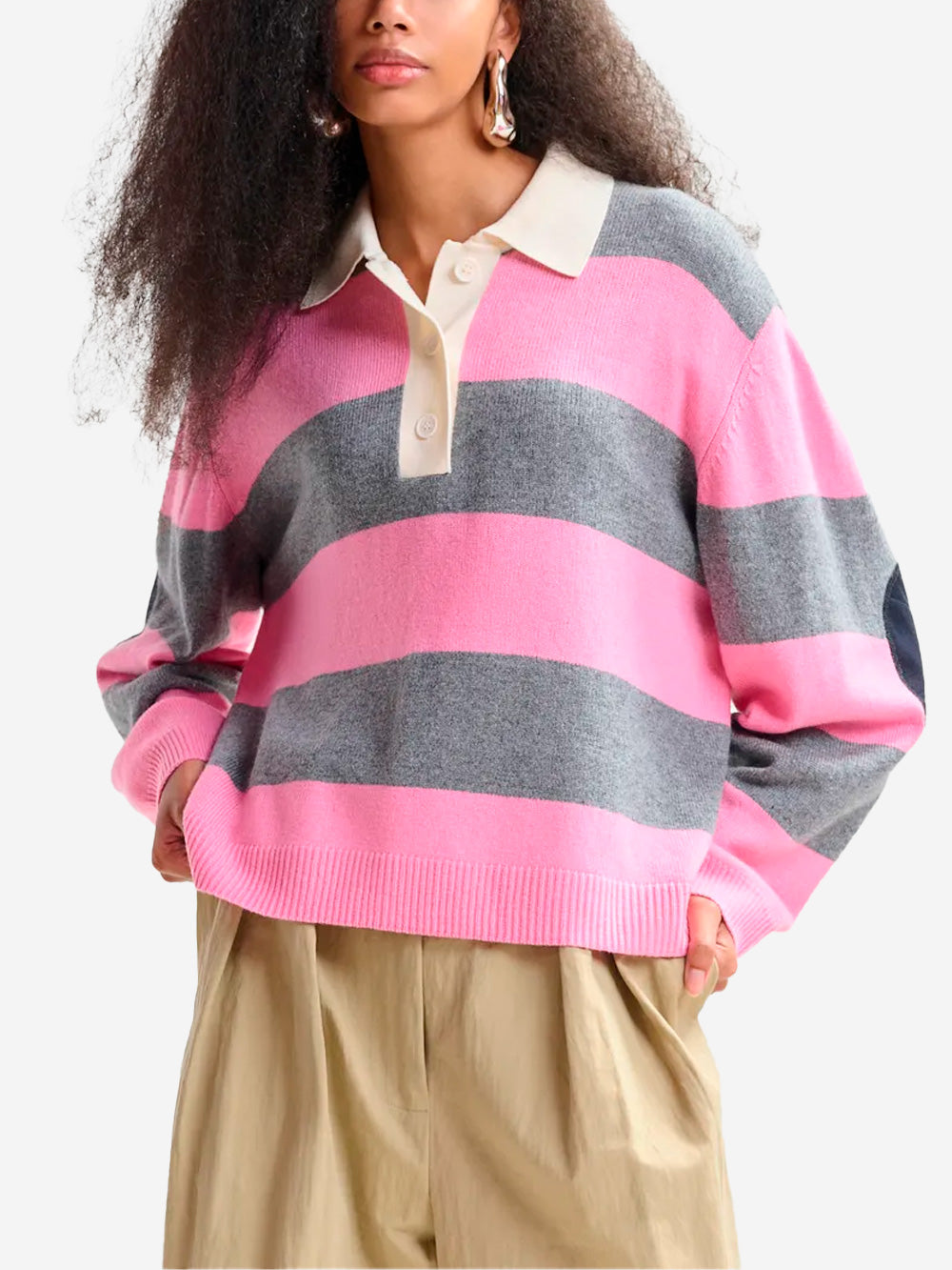 ESSENTIEL ANTWERP Polo in misto lana e cashmere a righe con toppa applicata Rosa Urbanstaroma