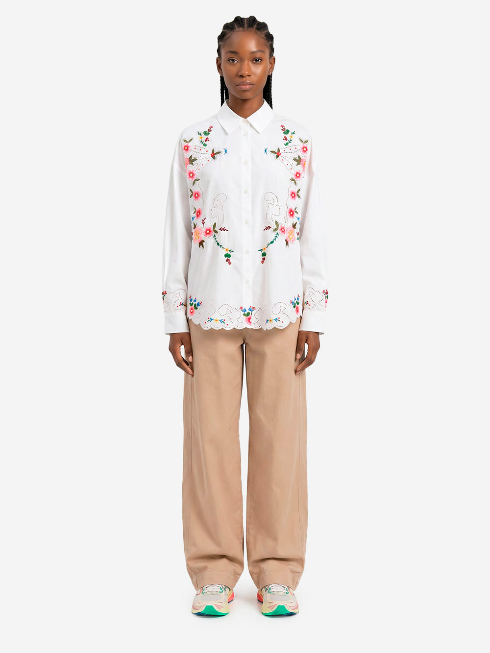 ESSENTIEL ANTWERP Camicia oversize in cotone con ricami floreali bianchi e multicolor Bianco Urbanstaroma