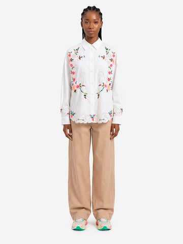 ESSENTIEL ANTWERP Camicia oversize in cotone con ricami floreali bianchi e multicolor Bianco