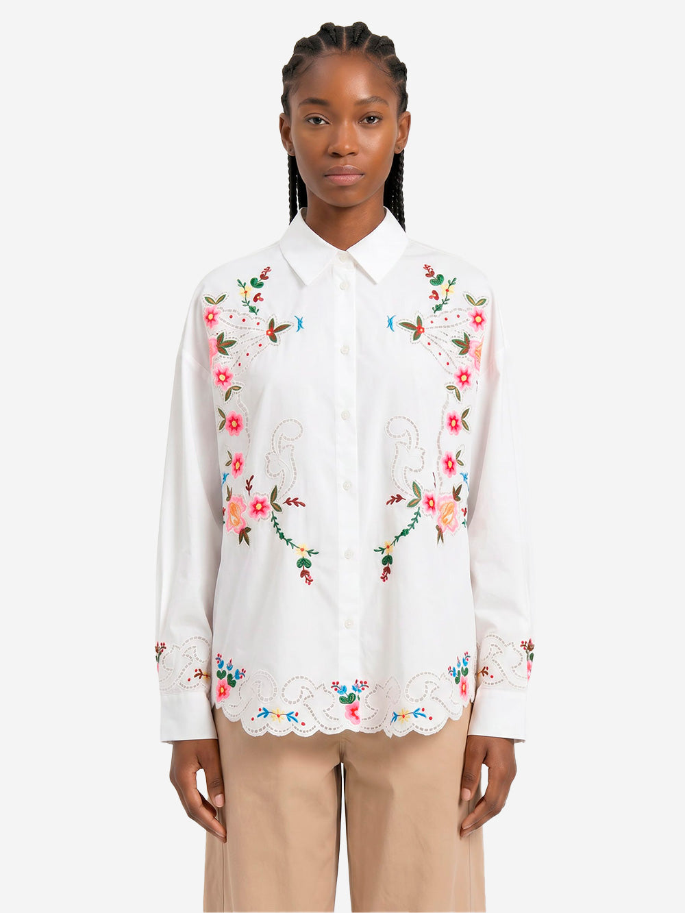ESSENTIEL ANTWERP Camicia oversize in cotone con ricami floreali bianchi e multicolor Bianco Urbanstaroma