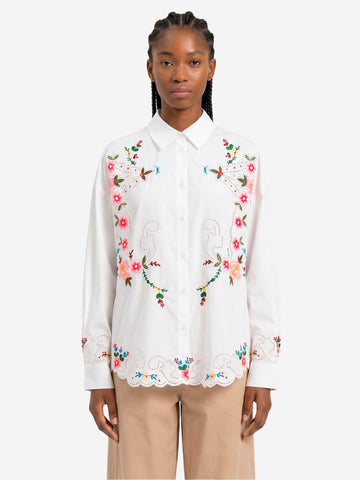 ESSENTIEL ANTWERP Camicia oversize in cotone con ricami floreali bianchi e multicolor Bianco