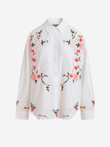ESSENTIEL ANTWERP Camicia oversize in cotone con ricami floreali bianchi e multicolor Bianco