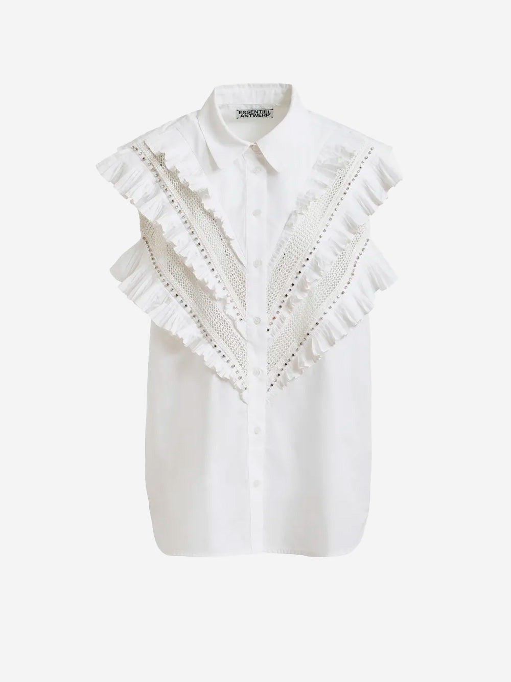 ESSENTIEL ANTWERP Camicia senza maniche in cotone bianca con decorazioni a volant White Urbanstaroma