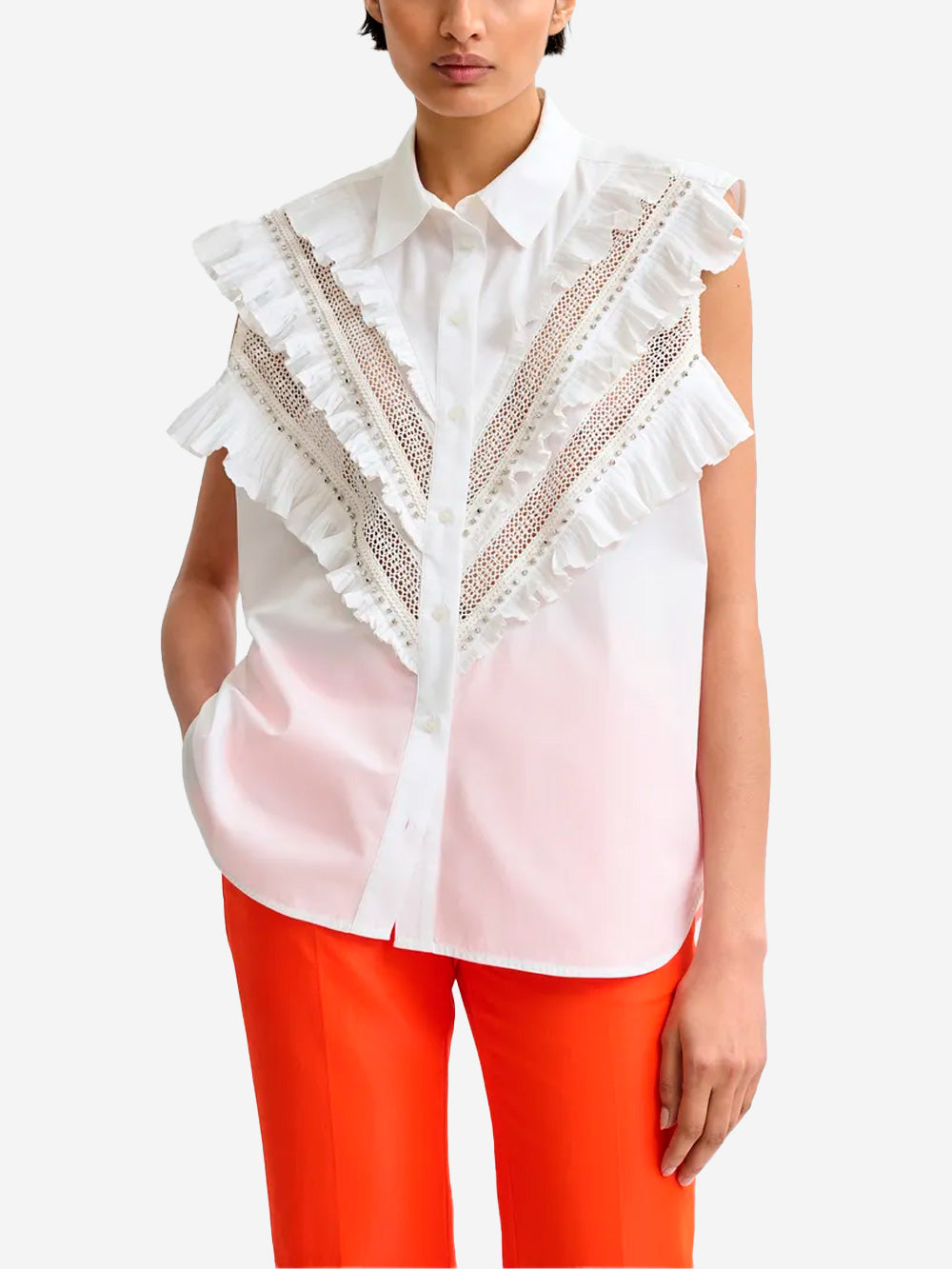 ESSENTIEL ANTWERP Camicia senza maniche in cotone bianca con decorazioni a volant White Urbanstaroma