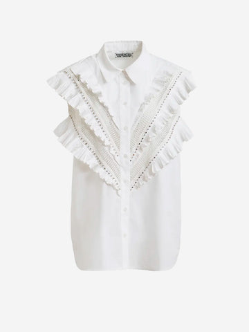 ESSENTIEL ANTWERP Camicia senza maniche in cotone bianca con decorazioni a volant White