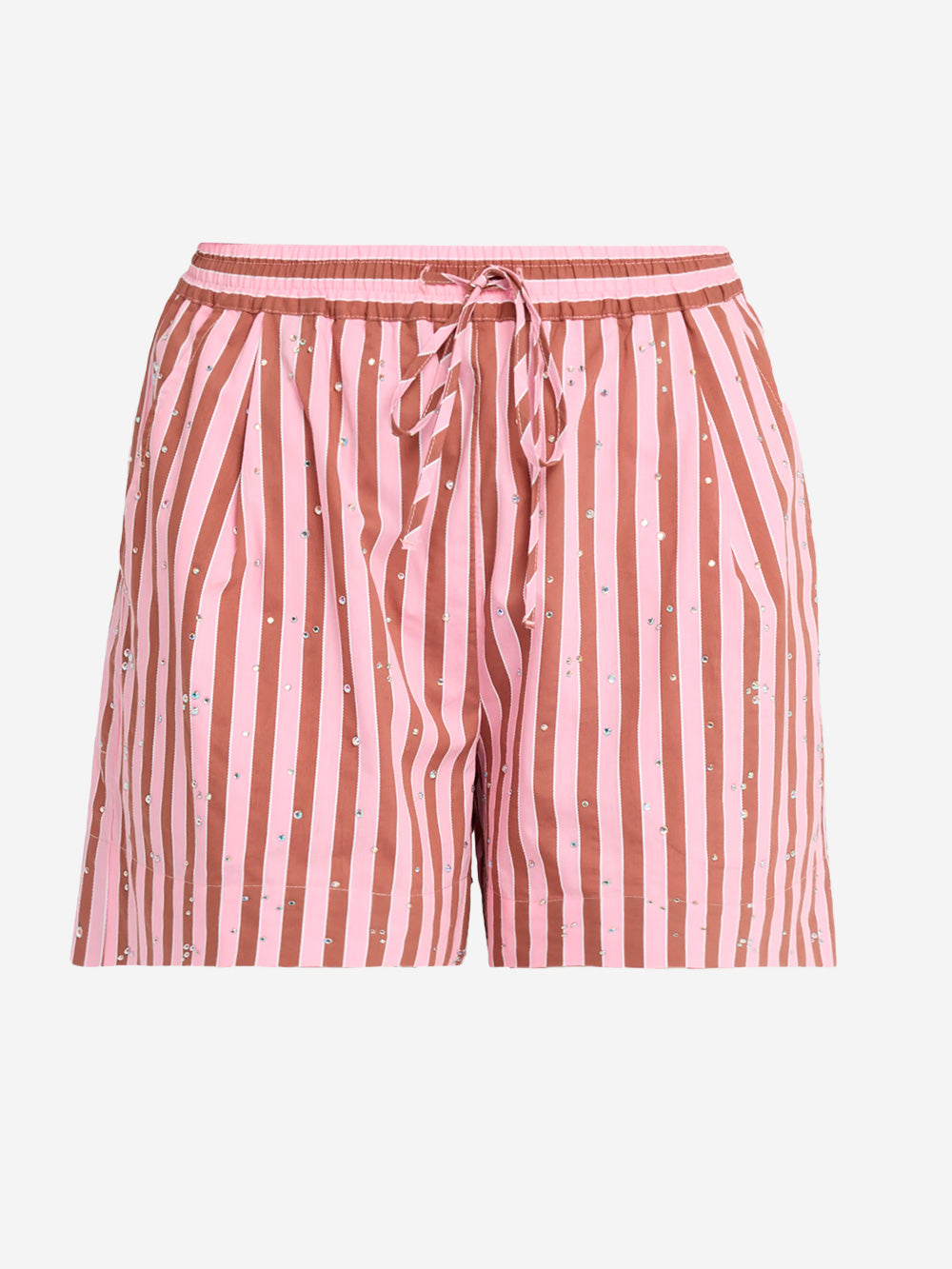 ESSENTIEL ANTWERP Pantaloncini a righe marroni e rosa con decorazioni di strass marrone Urbanstaroma
