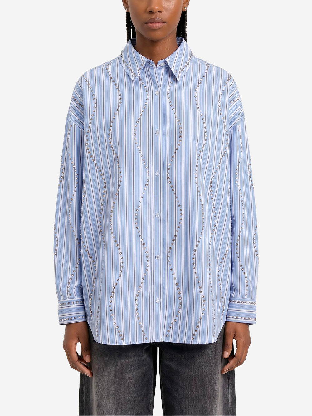 ESSENTIEL ANTWERP Camicia oversize a righe bianche e azzurre con decorazioni a borchie Blu Urbanstaroma