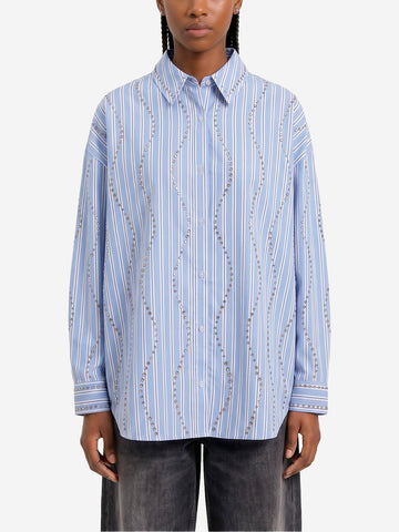 ESSENTIEL ANTWERP Camicia oversize a righe bianche e azzurre con decorazioni a borchie Blu