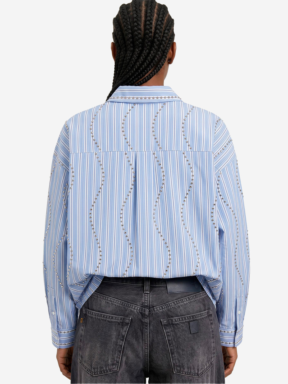 ESSENTIEL ANTWERP Camicia oversize a righe bianche e azzurre con decorazioni a borchie Blu Urbanstaroma