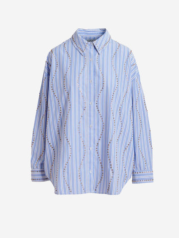 ESSENTIEL ANTWERP Camicia oversize a righe bianche e azzurre con decorazioni a borchie Blu