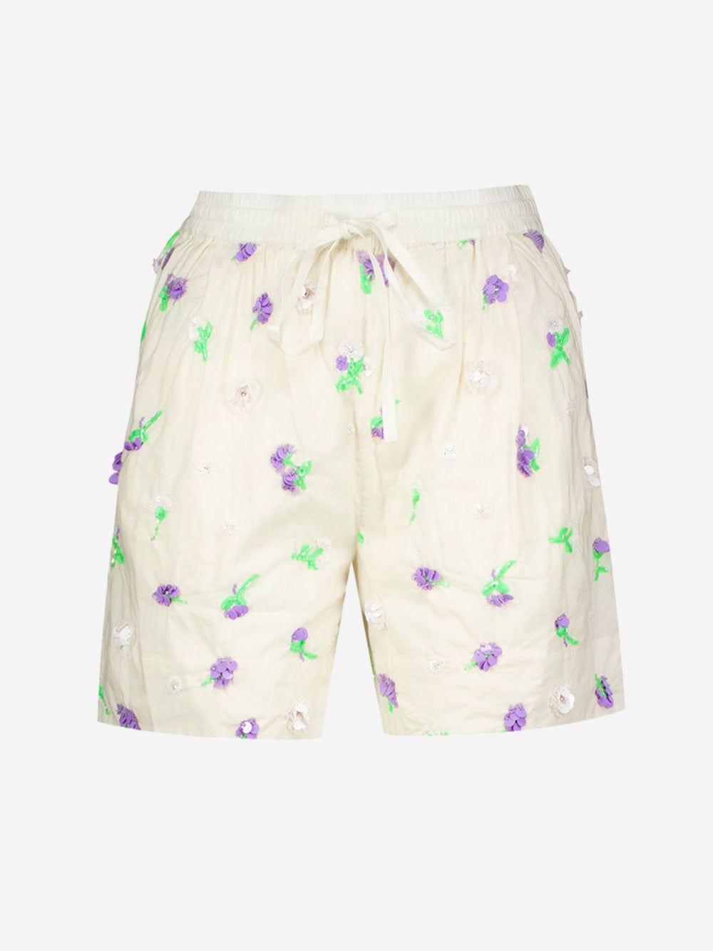 ESSENTIEL ANTWERP Pantaloncini bianchi con decorazioni floreali in paillettes, strass e perline viola e verdi Off white Urbanstaroma