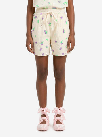 ESSENTIEL ANTWERP Pantaloncini bianchi con decorazioni floreali in paillettes, strass e perline viola e verdi Off white