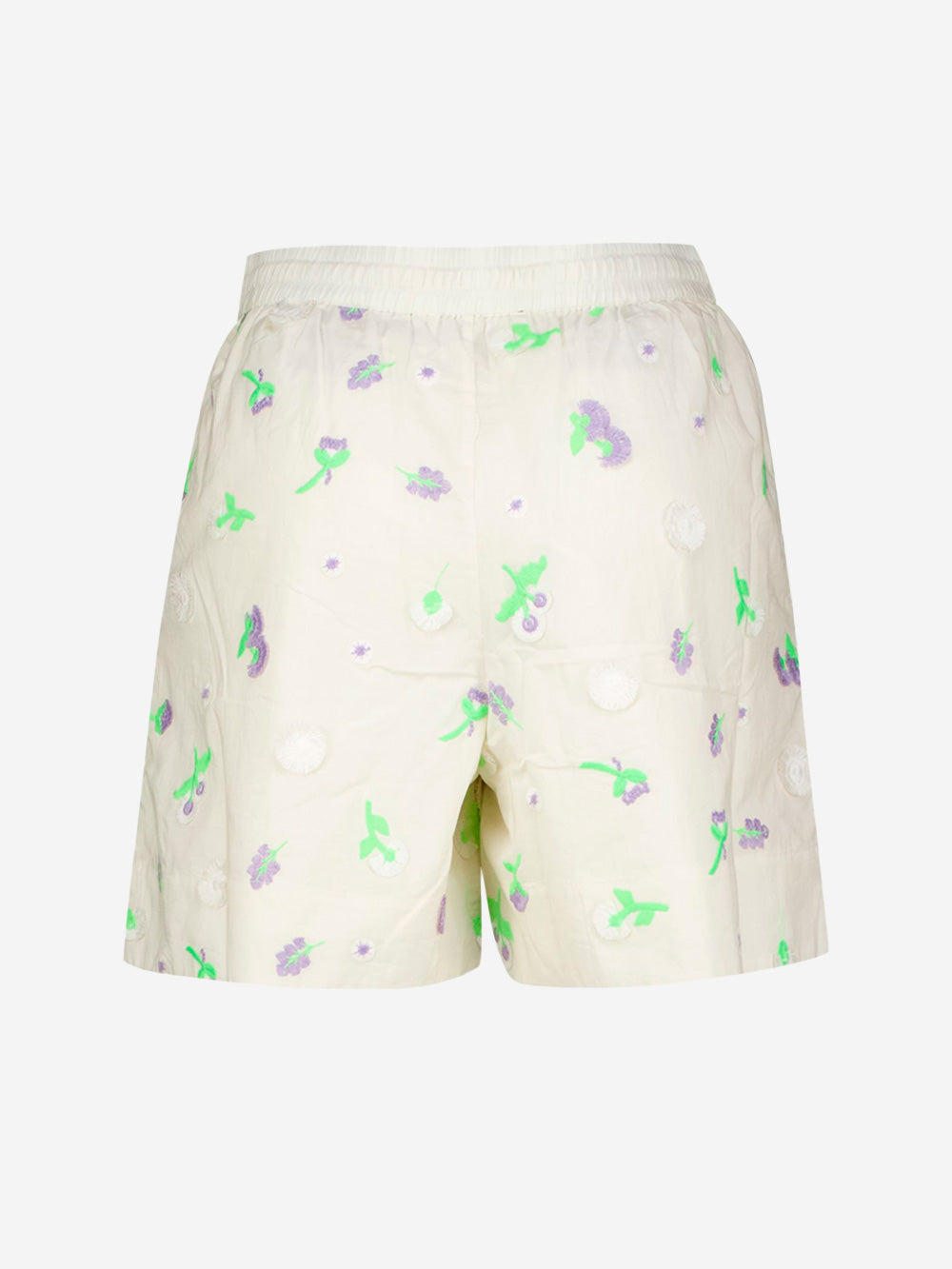 ESSENTIEL ANTWERP Pantaloncini bianchi con decorazioni floreali in paillettes, strass e perline viola e verdi Off white Urbanstaroma