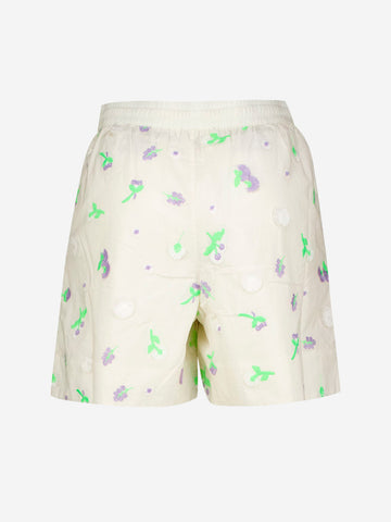 ESSENTIEL ANTWERP Pantaloncini bianchi con decorazioni floreali in paillettes, strass e perline viola e verdi Off white
