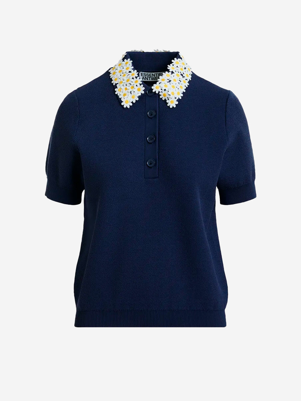 ESSENTIEL ANTWERP Polo in maglia sottile blu con colletto decorato a fiori Blu Urbanstaroma