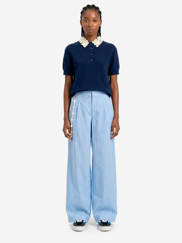 ESSENTIEL ANTWERP Polo in maglia sottile blu con colletto decorato a fiori Blu