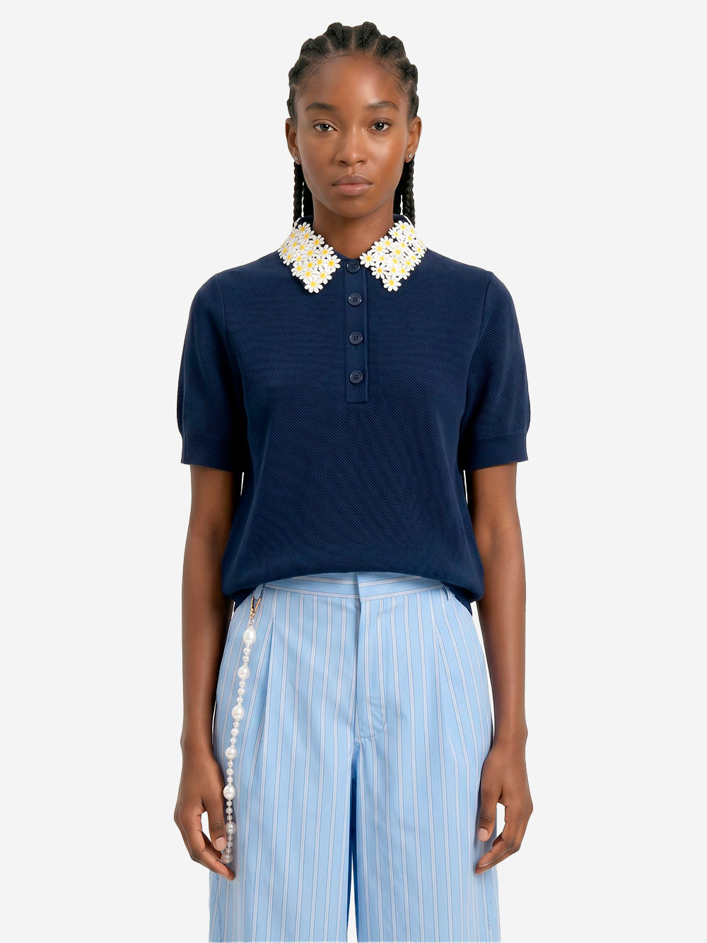 ESSENTIEL ANTWERP Polo in maglia sottile blu con colletto decorato a fiori Blu Urbanstaroma