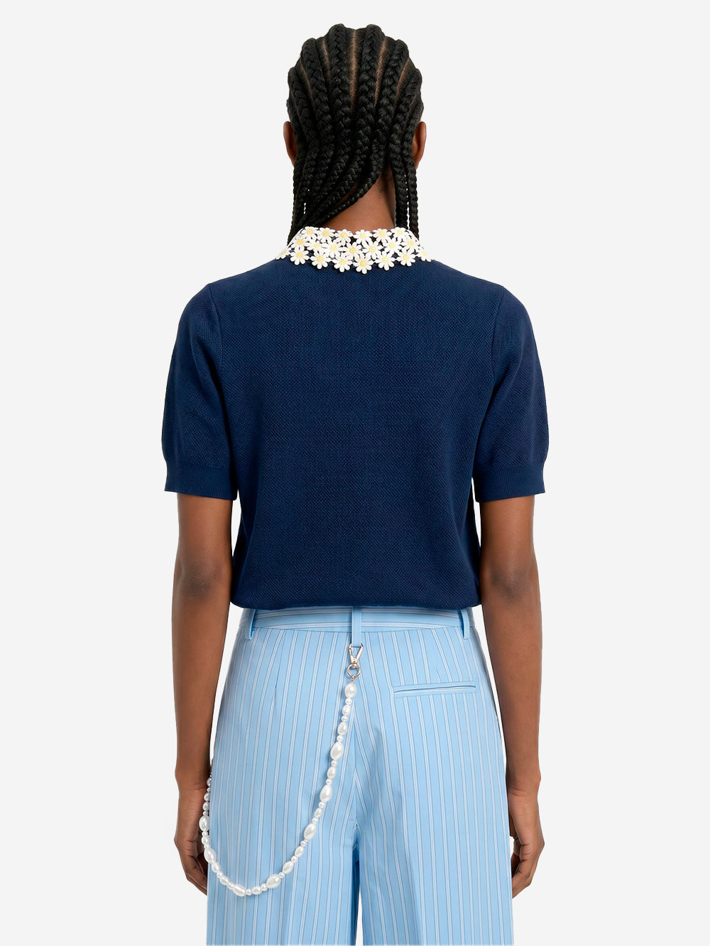 ESSENTIEL ANTWERP Polo in maglia sottile blu con colletto decorato a fiori Blu Urbanstaroma