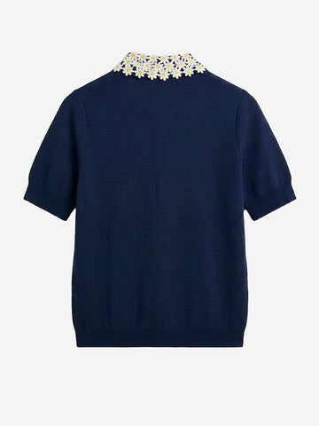 ESSENTIEL ANTWERP Polo in maglia sottile blu con colletto decorato a fiori Blu